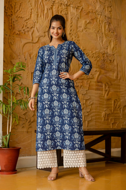 Women Blue Printed Straight Kurta With Three Quarter Sleeves | LASVINI - Redefining Indian Fashion with Elegance