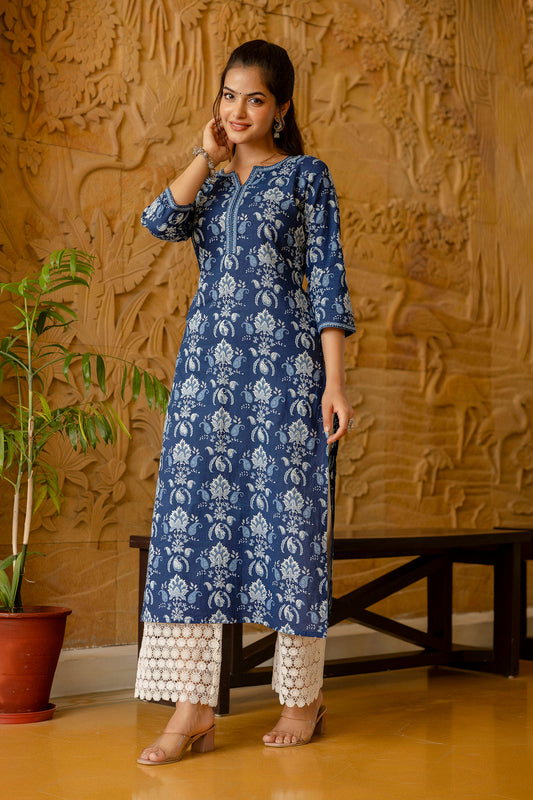Women Blue Printed Straight Kurta With Three Quarter Sleeves | LASVINI - Redefining Indian Fashion with Elegance