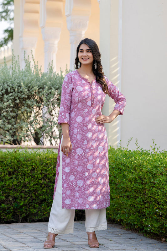 Women Mauve Ethnic Printed Straight Kurta With Three Quarter Sleeves | LASVINI - Redefining Indian Fashion with Elegance