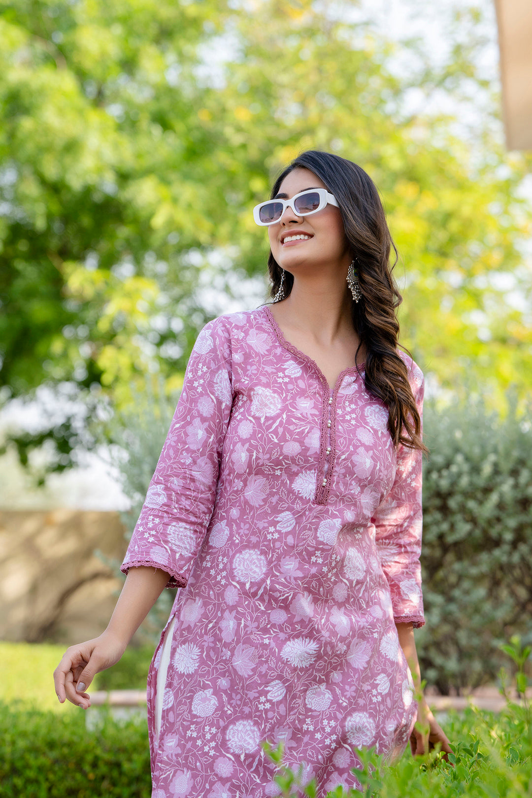 Women Mauve Ethnic Printed Straight Kurta With Three Quarter Sleeves | LASVINI - Redefining Indian Fashion with Elegance