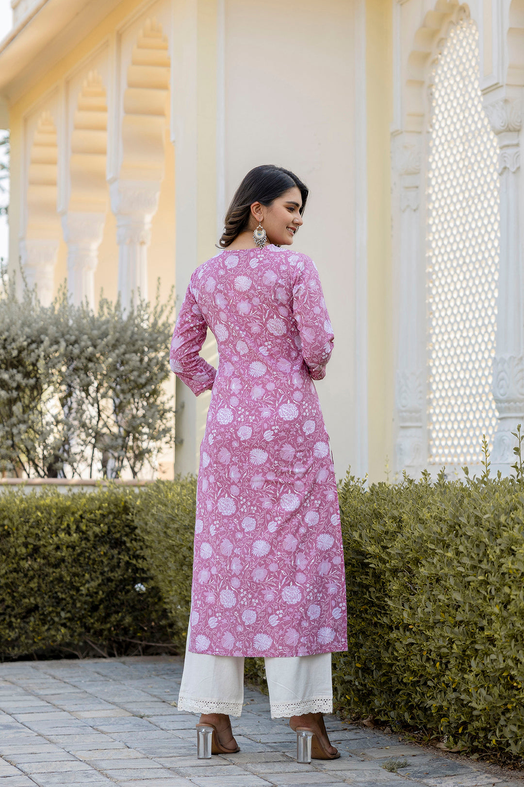 Women Mauve Ethnic Printed Straight Kurta With Three Quarter Sleeves | LASVINI - Redefining Indian Fashion with Elegance