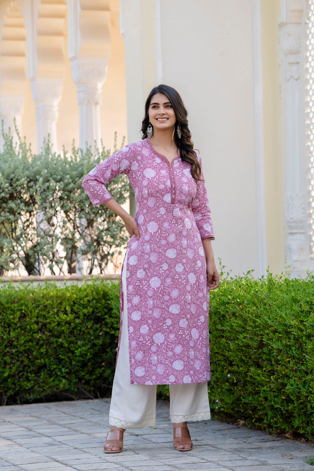 Women Mauve Ethnic Printed Straight Kurta With Three Quarter Sleeves | LASVINI - Redefining Indian Fashion with Elegance