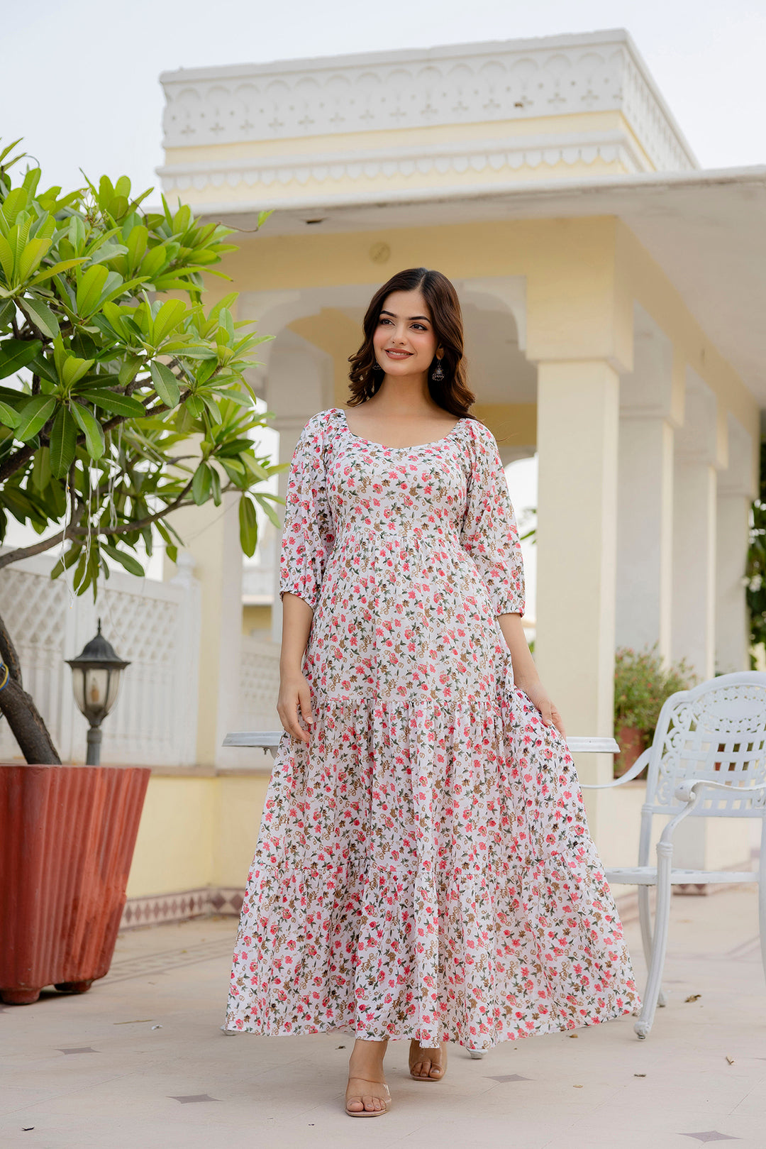Women Off-White Printed Flared Dress | LASVINI - Redefining Indian Fashion with Elegance