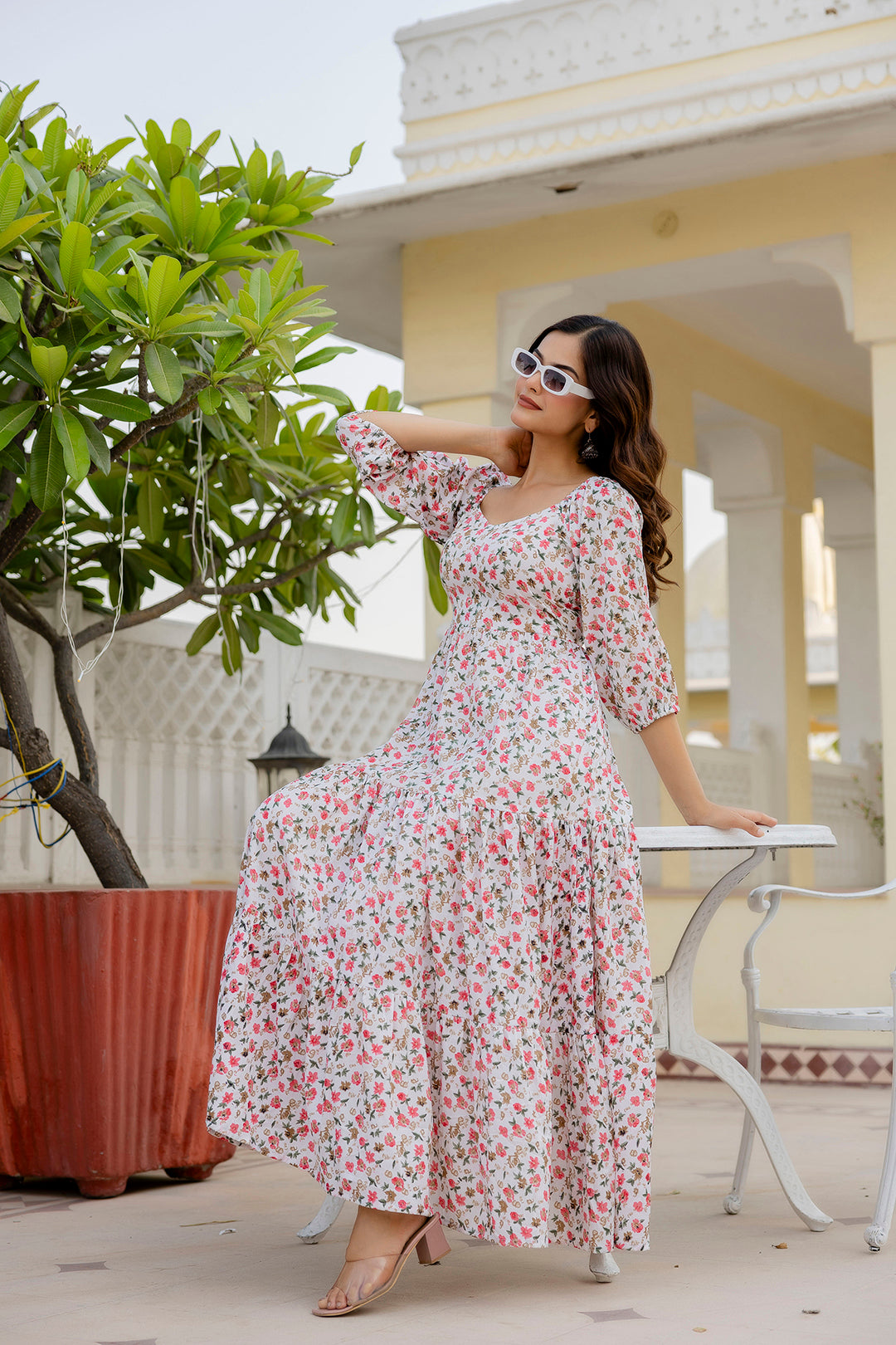 Women Off-White Printed Flared Dress | LASVINI - Redefining Indian Fashion with Elegance