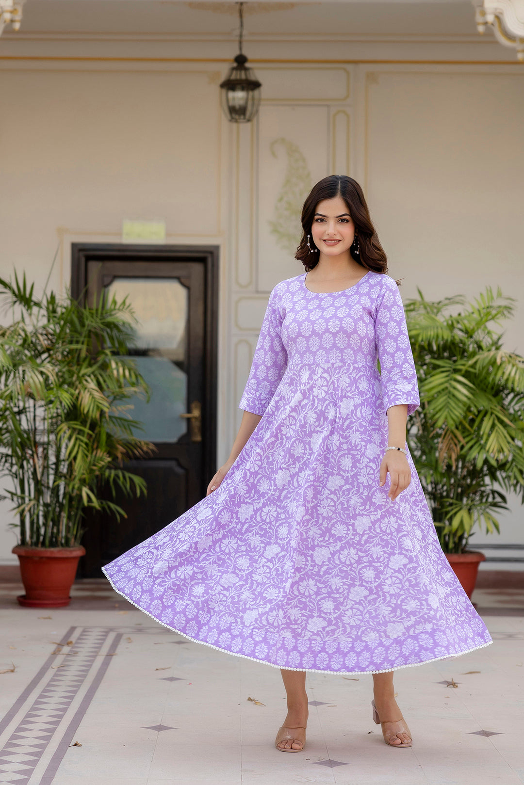 Women Purple Ethnic Printed Flared Dress | LASVINI - Redefining Indian Fashion with Elegance
