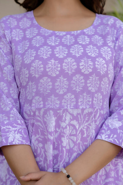 Women Purple Ethnic Printed Flared Dress | LASVINI - Redefining Indian Fashion with Elegance