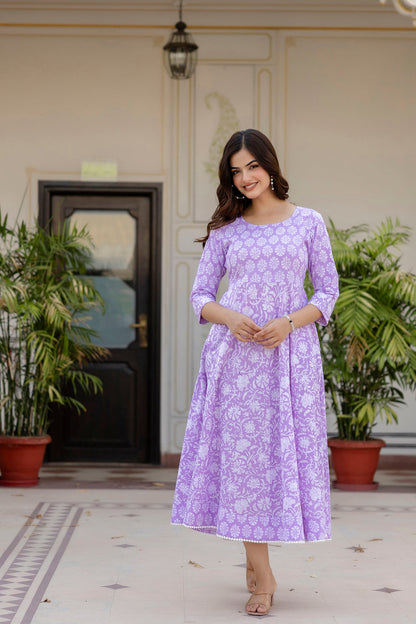 Women Purple Ethnic Printed Flared Dress | LASVINI - Redefining Indian Fashion with Elegance