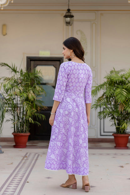 Women Purple Ethnic Printed Flared Dress | LASVINI - Redefining Indian Fashion with Elegance