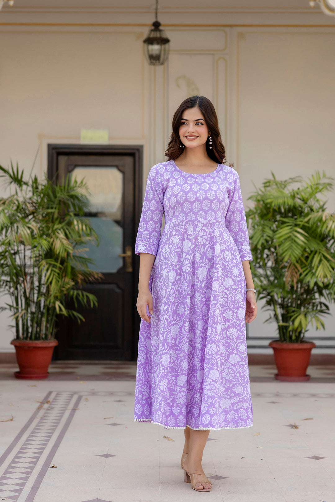 Women Purple Ethnic Printed Flared Dress | LASVINI - Redefining Indian Fashion with Elegance