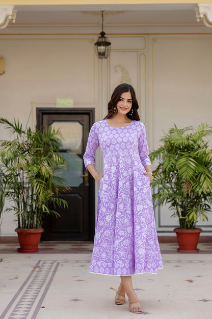 Women Purple Ethnic Printed Flared Dress | LASVINI - Redefining Indian Fashion with Elegance