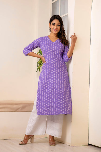 Women Purple Printed Straight Kurta With Three Quarter Sleeves | LASVINI - Redefining Indian Fashion with Elegance