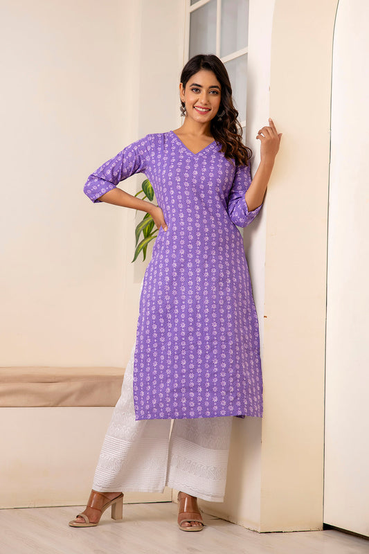 Women Purple Printed Straight Kurta With Three Quarter Sleeves | LASVINI - Redefining Indian Fashion with Elegance