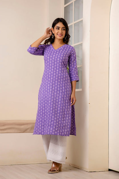 Women Purple Printed Straight Kurta With Three Quarter Sleeves | LASVINI - Redefining Indian Fashion with Elegance