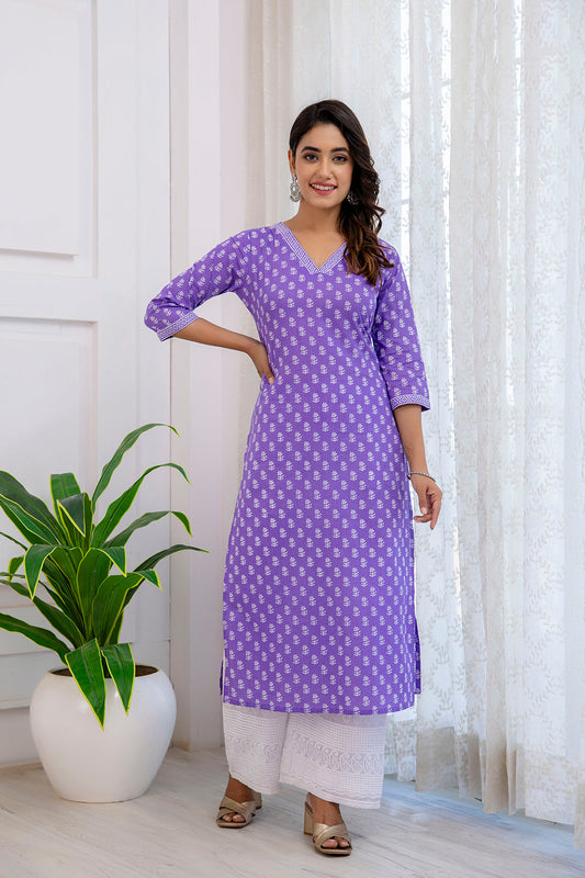 Women Purple Printed Straight Kurta With Three Quarter Sleeves | LASVINI - Redefining Indian Fashion with Elegance