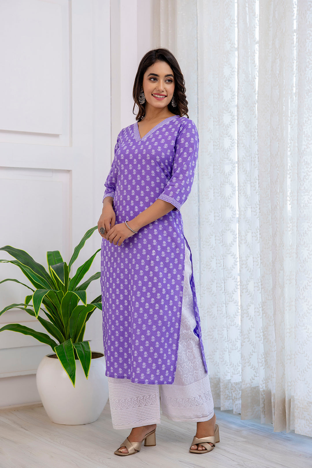 Women Purple Printed Straight Kurta With Three Quarter Sleeves | LASVINI - Redefining Indian Fashion with Elegance