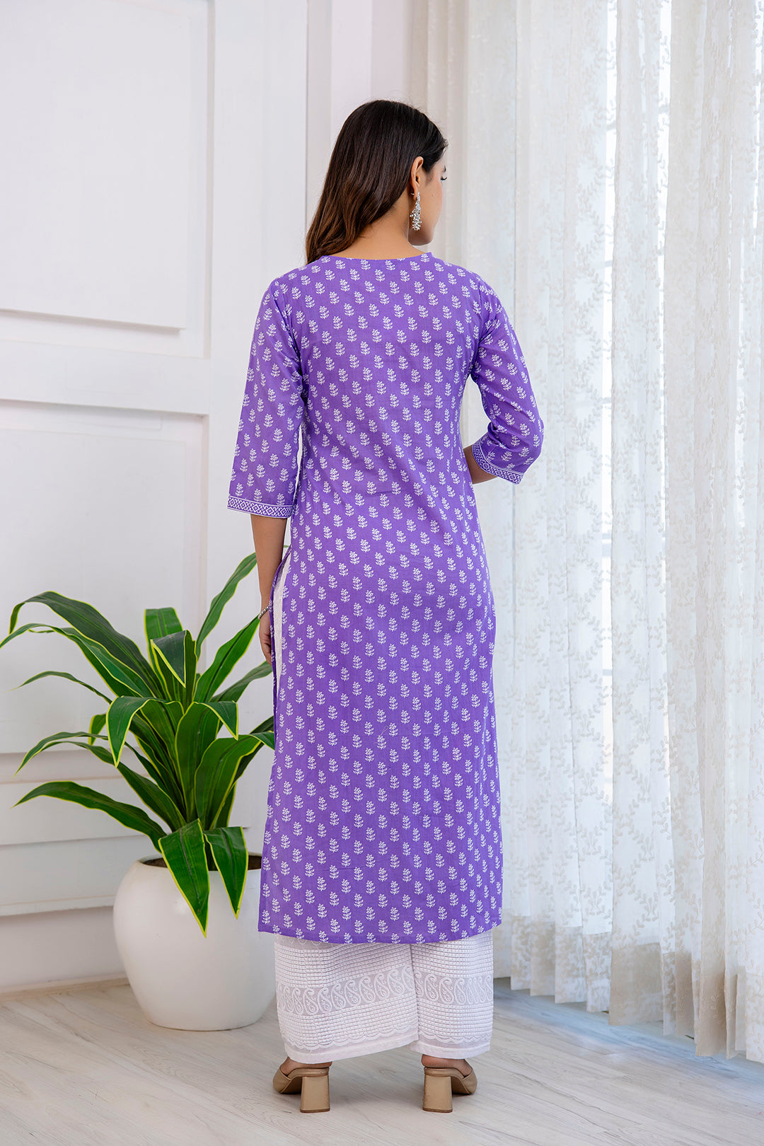 Women Purple Printed Straight Kurta With Three Quarter Sleeves | LASVINI - Redefining Indian Fashion with Elegance