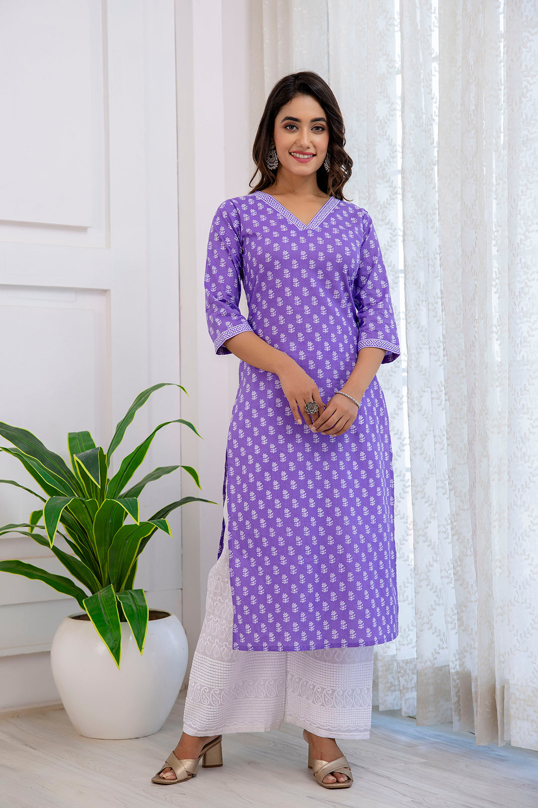 Women Purple Printed Straight Kurta With Three Quarter Sleeves | LASVINI - Redefining Indian Fashion with Elegance