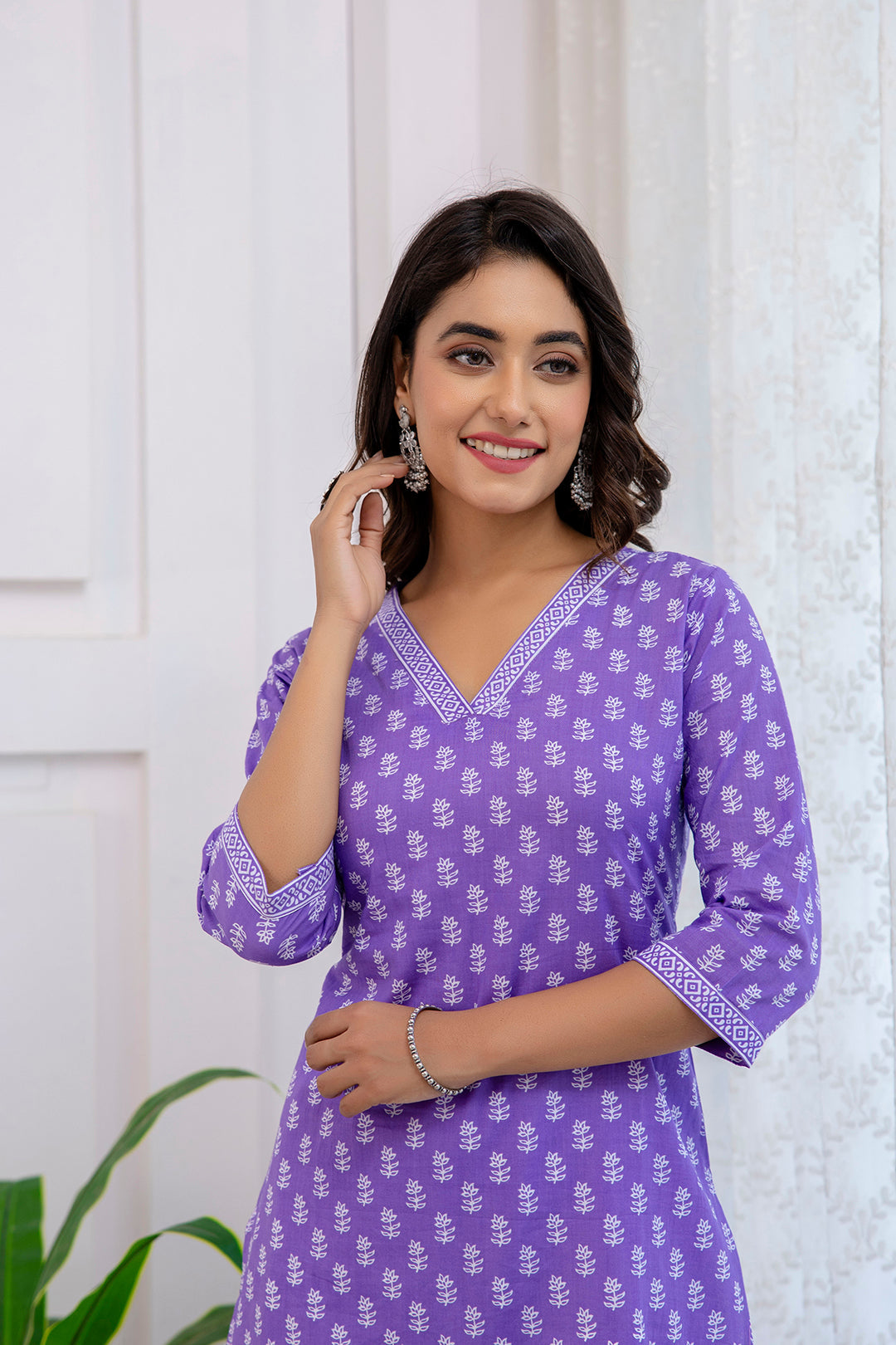 Women Purple Printed Straight Kurta With Three Quarter Sleeves | LASVINI - Redefining Indian Fashion with Elegance