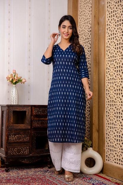 Women Navy Blue Printed Straight Kurta With Three Quarter Sleeves | LASVINI - Redefining Indian Fashion with Elegance