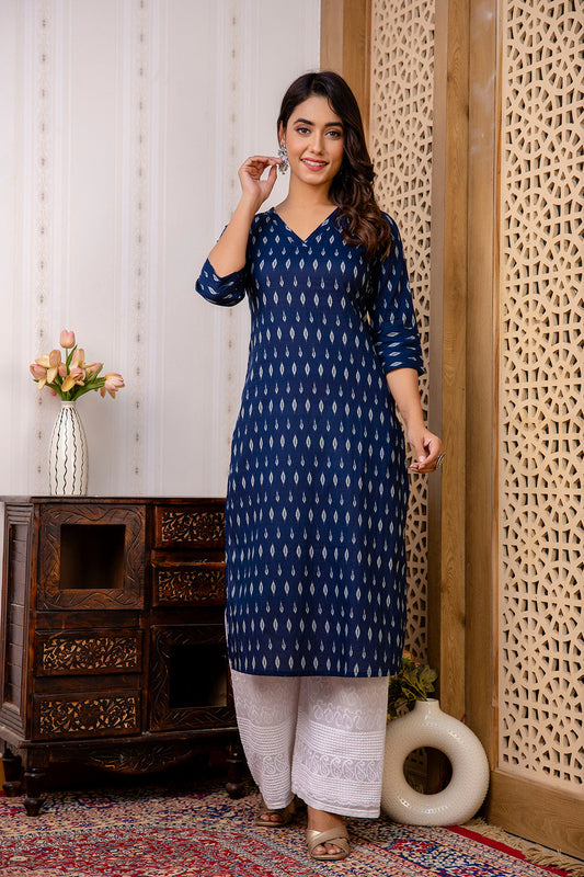 Women Navy Blue Printed Straight Kurta With Three Quarter Sleeves | LASVINI - Redefining Indian Fashion with Elegance