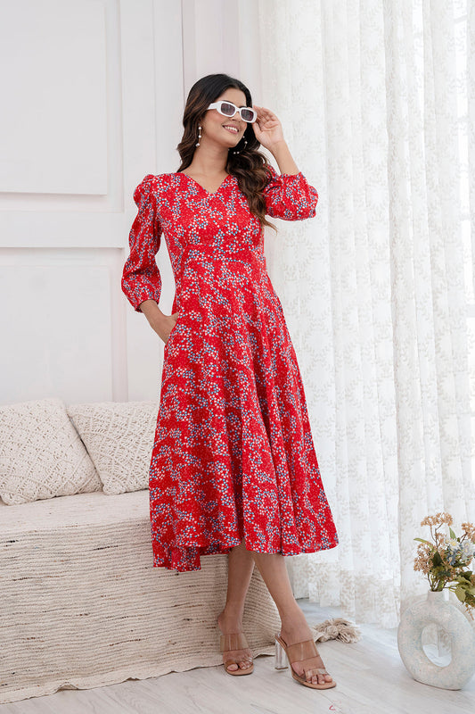 Women Red Printed Flared Dress | LASVINI - Redefining Indian Fashion with Elegance