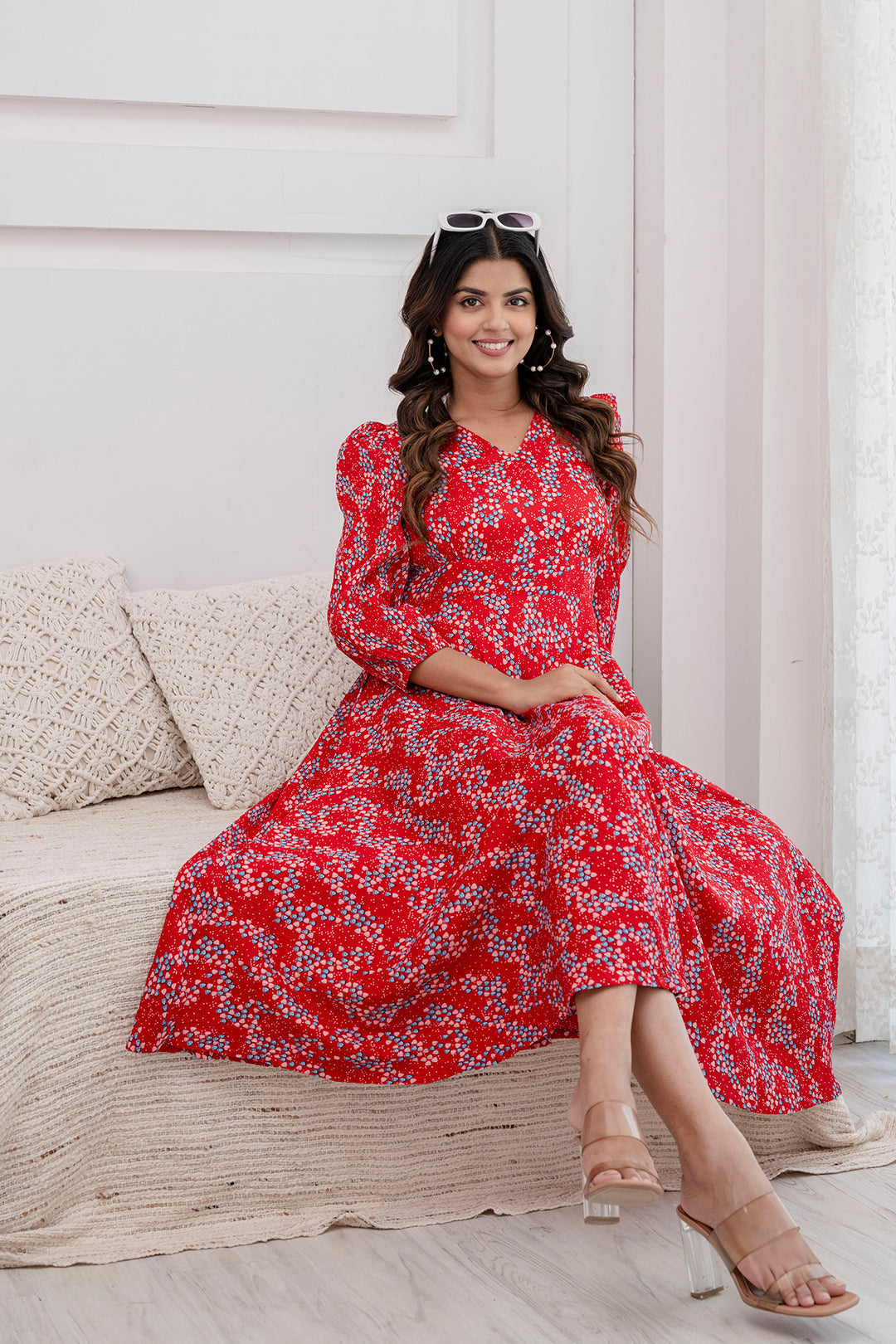 Women Red Printed Flared Dress | LASVINI - Redefining Indian Fashion with Elegance