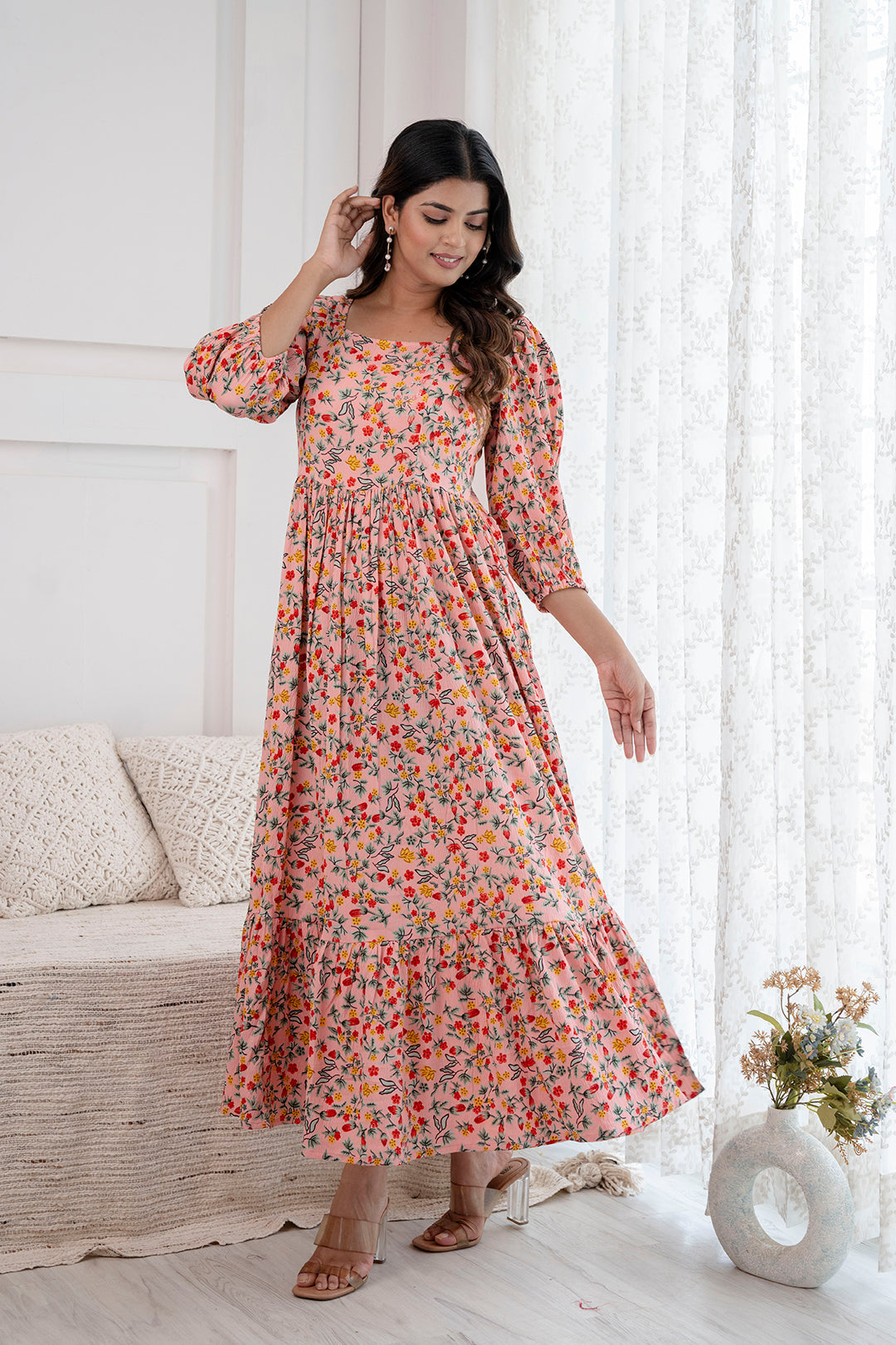Women Peach Printed Flared Dress | LASVINI - Redefining Indian Fashion with Elegance