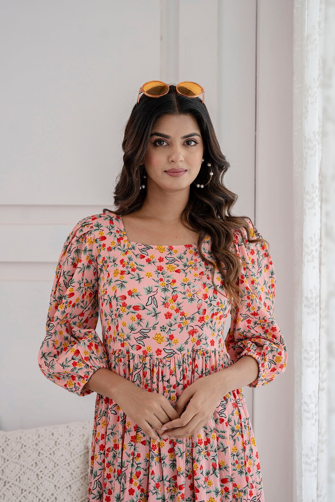 Women Peach Printed Flared Dress | LASVINI - Redefining Indian Fashion with Elegance