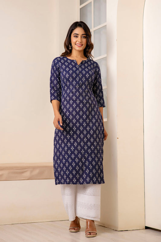 Women Navy Blue Printed Straight Kurta With Three Quarter Sleeves | LASVINI - Redefining Indian Fashion with Elegance