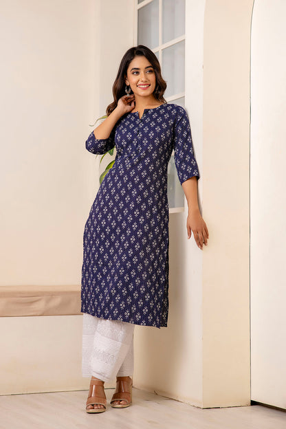 Women Navy Blue Printed Straight Kurta With Three Quarter Sleeves | LASVINI - Redefining Indian Fashion with Elegance