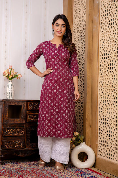 Women Burgundy Printed Straight Kurta With Three Quarter Sleeves | LASVINI - Redefining Indian Fashion with Elegance