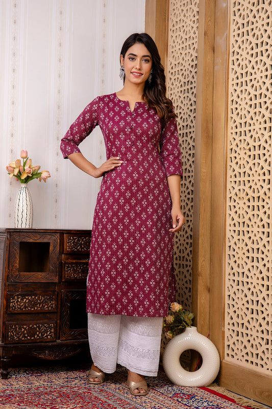 Women Burgundy Printed Straight Kurta With Three Quarter Sleeves | LASVINI - Redefining Indian Fashion with Elegance