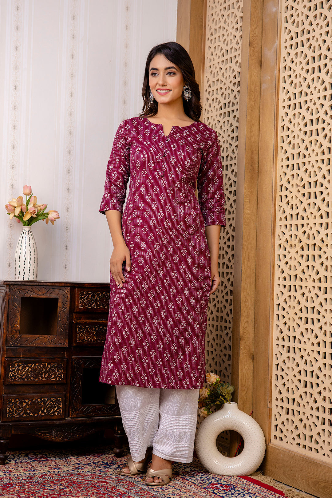Women Burgundy Printed Straight Kurta With Three Quarter Sleeves | LASVINI - Redefining Indian Fashion with Elegance