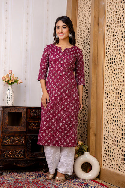 Women Burgundy Printed Straight Kurta With Three Quarter Sleeves | LASVINI - Redefining Indian Fashion with Elegance