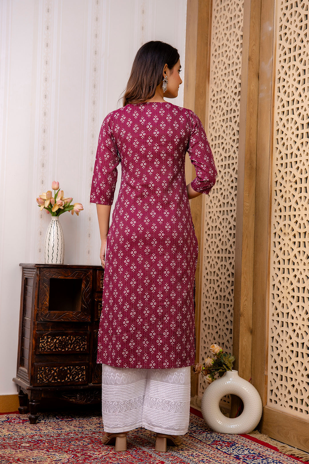 Women Burgundy Printed Straight Kurta With Three Quarter Sleeves | LASVINI - Redefining Indian Fashion with Elegance
