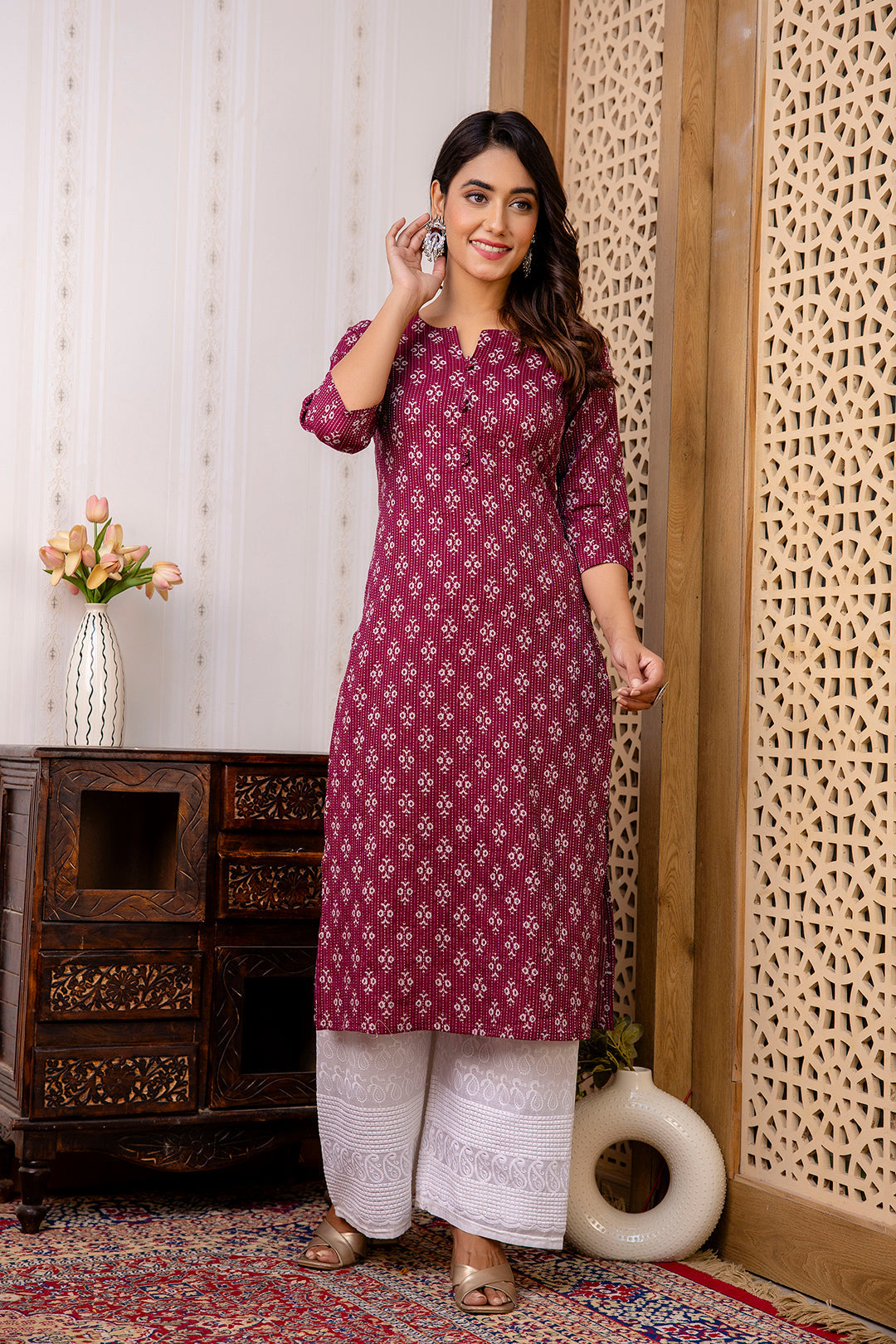 Women Burgundy Printed Straight Kurta With Three Quarter Sleeves | LASVINI - Redefining Indian Fashion with Elegance