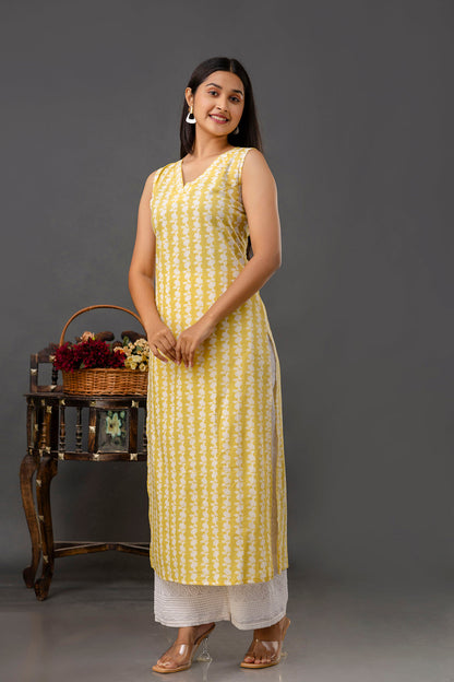 Yellow Printed Straight Sleeveless Kurta | LASVINI - Redefining Indian Fashion with Elegance