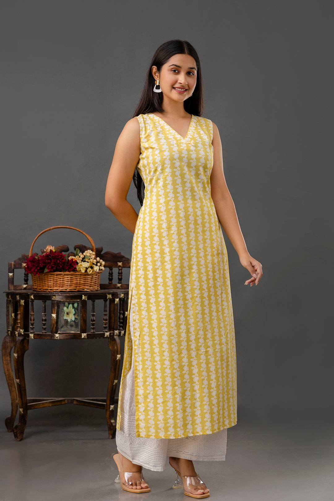 Yellow Printed Straight Sleeveless Kurta | LASVINI - Redefining Indian Fashion with Elegance