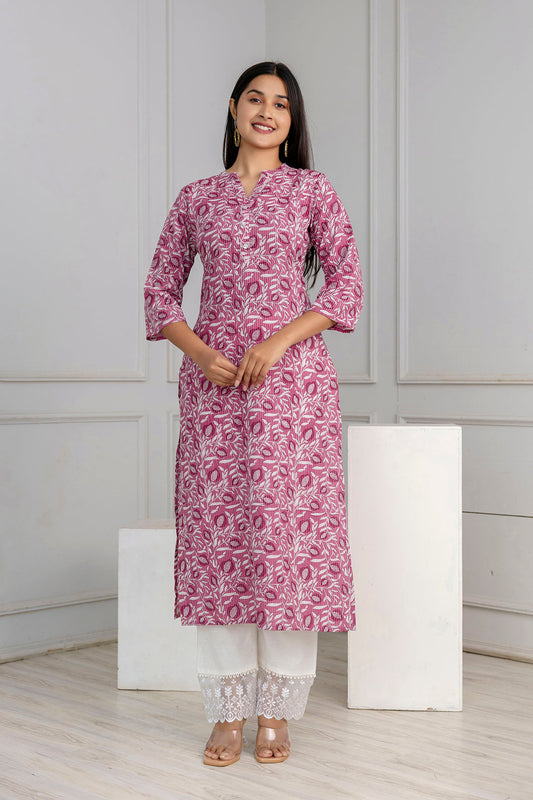 Mauve Printed Straight Kurta With Three Quarter Sleeves | LASVINI - Redefining Indian Fashion with Elegance