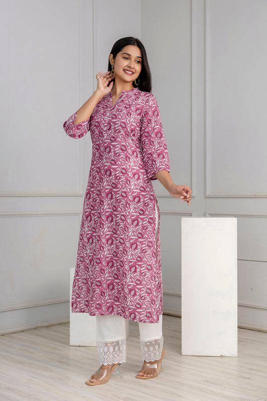 Mauve Printed Straight Kurta With Three Quarter Sleeves | LASVINI - Redefining Indian Fashion with Elegance