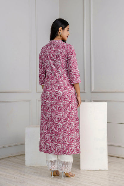 Mauve Printed Straight Kurta With Three Quarter Sleeves | LASVINI - Redefining Indian Fashion with Elegance