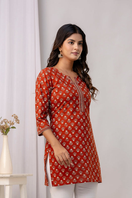 Women Rust Ethnic Printed Straight Tunic | LASVINI - Redefining Indian Fashion with Elegance