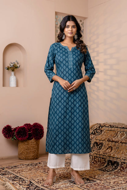 Women Teal Blue Printed Straight Kurta with Three Quarter Sleeves | LASVINI - Redefining Indian Fashion with Elegance