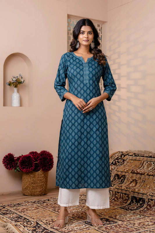 Women Teal Blue Printed Straight Kurta with Three Quarter Sleeves | LASVINI - Redefining Indian Fashion with Elegance