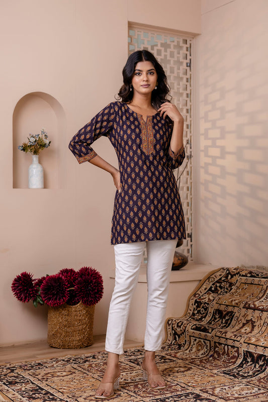 Women Navy Blue Printed Round neck Straight Tunic | LASVINI - Redefining Indian Fashion with Elegance