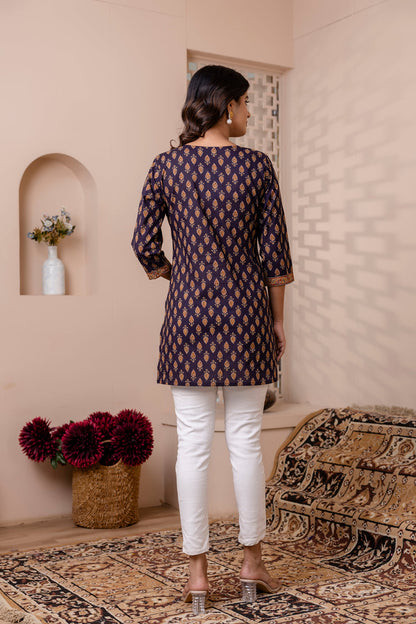 Women Navy Blue Printed Round neck Straight Tunic | LASVINI - Redefining Indian Fashion with Elegance