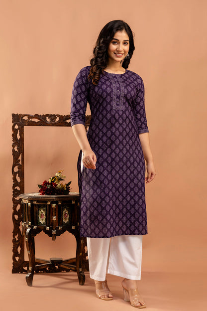 Purple Printed Straight Kurta with Three Quarter Sleeves | LASVINI - Redefining Indian Fashion with Elegance