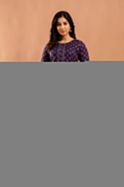 Purple Printed Straight Kurta with Three Quarter Sleeves | LASVINI - Redefining Indian Fashion with Elegance