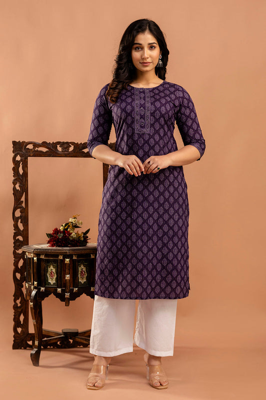 Purple Printed Straight Kurta with Three Quarter Sleeves | LASVINI - Redefining Indian Fashion with Elegance