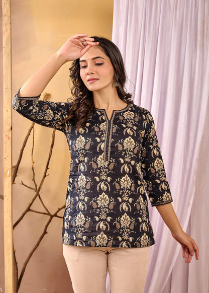 Women Black Printed Straight Tunic | LASVINI - Redefining Indian Fashion with Elegance